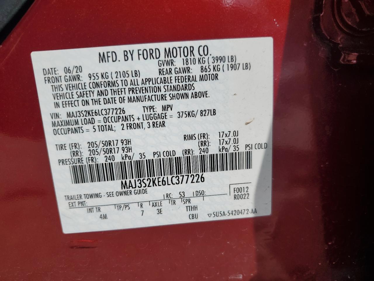 2020 Ford Ecosport Titanium VIN: MAJ3S2KE6LC377226 Lot: 65065035