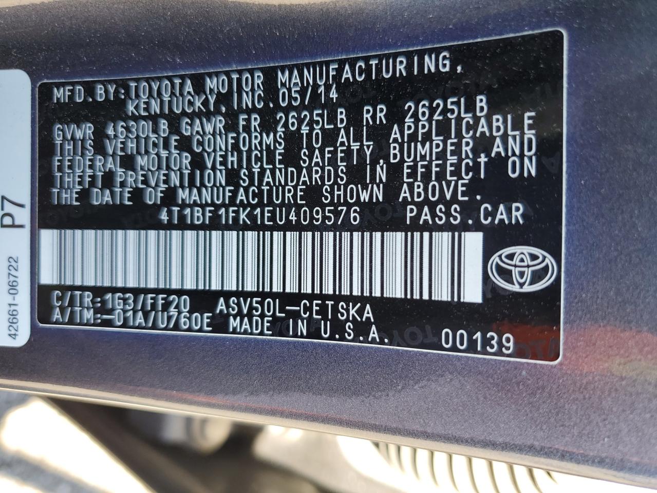 4t1bf1fk1eu409576 4T1BF1FK1EU409576 2014 Toyota Camry L