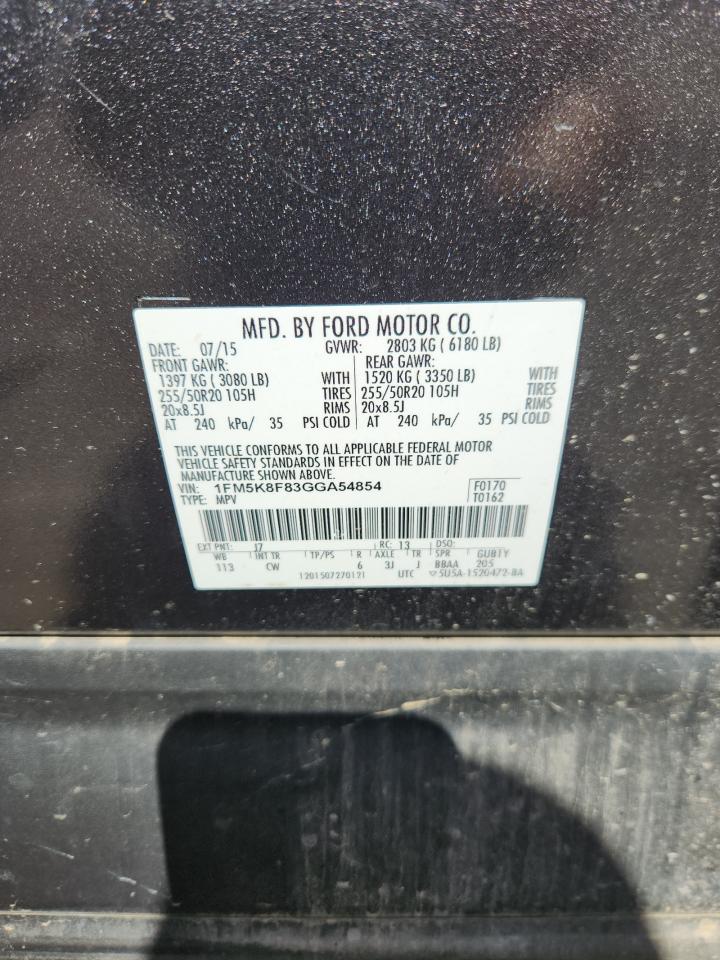 2016 Ford Explorer Limited VIN: 1FM5K8F83GGA54854 Lot: 63763725