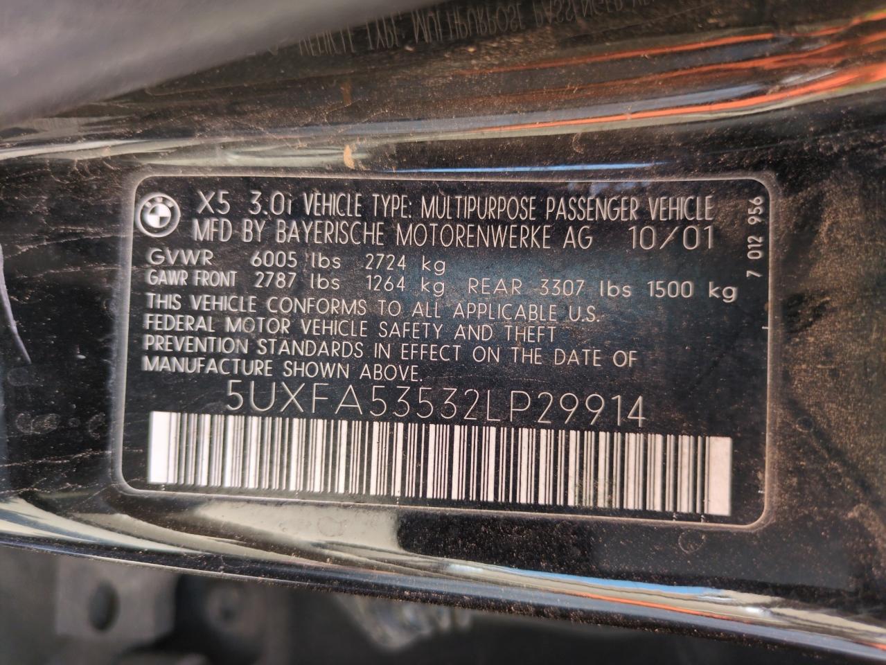 2002 BMW X5 3.0I VIN: 5UXFA53532LP29914 Lot: 64661765