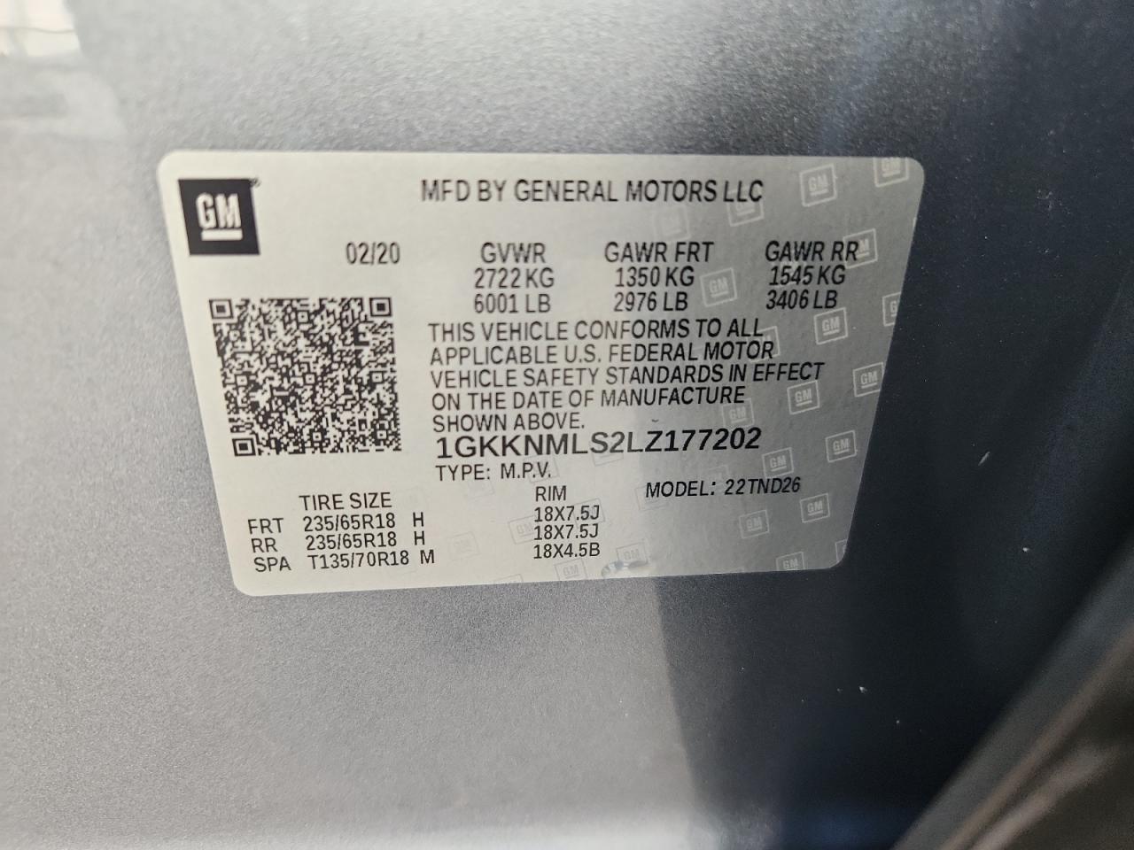 2020 GMC Acadia Slt VIN: 1GKKNMLS2LZ177202 Lot: 64991935