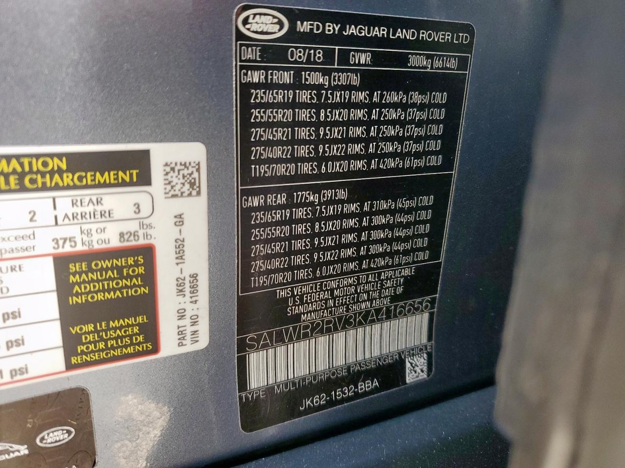 2019 Land Rover Range Rover Sport Hse VIN: SALWR2RV3KA416656 Lot: 65200285