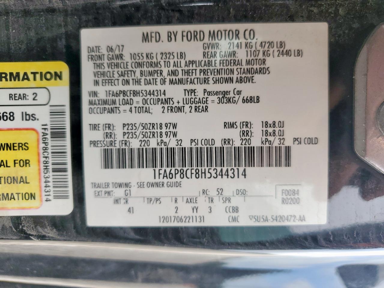 2017 Ford Mustang Gt VIN: 1FA6P8CF8H5344314 Lot: 63938615