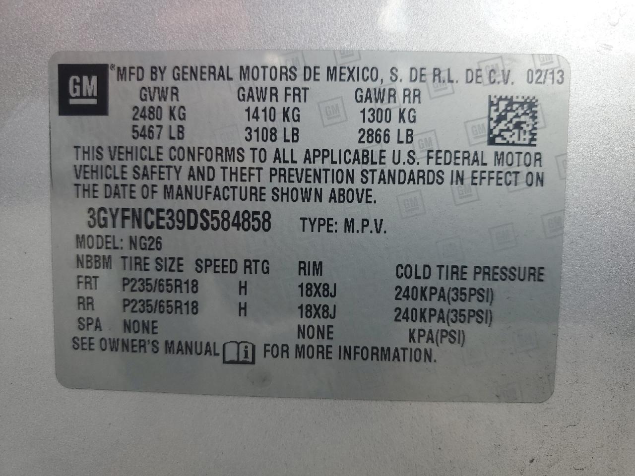 2013 Cadillac Srx Luxury Collection VIN: 3GYFNCE39DS584858 Lot: 64242065