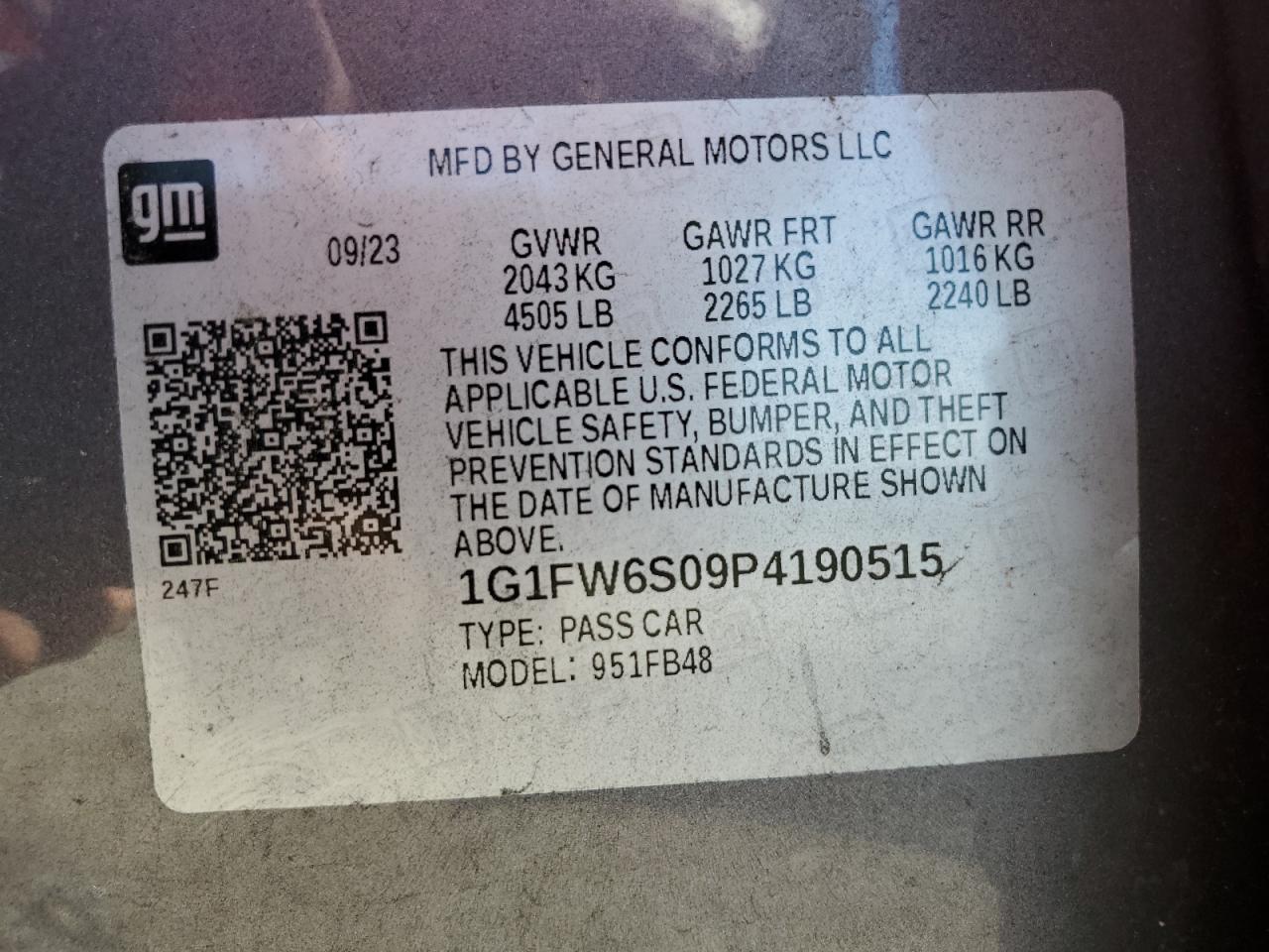 2023 Chevrolet Bolt Ev 1Lt VIN: 1G1FW6S09P4190515 Lot: 63287265