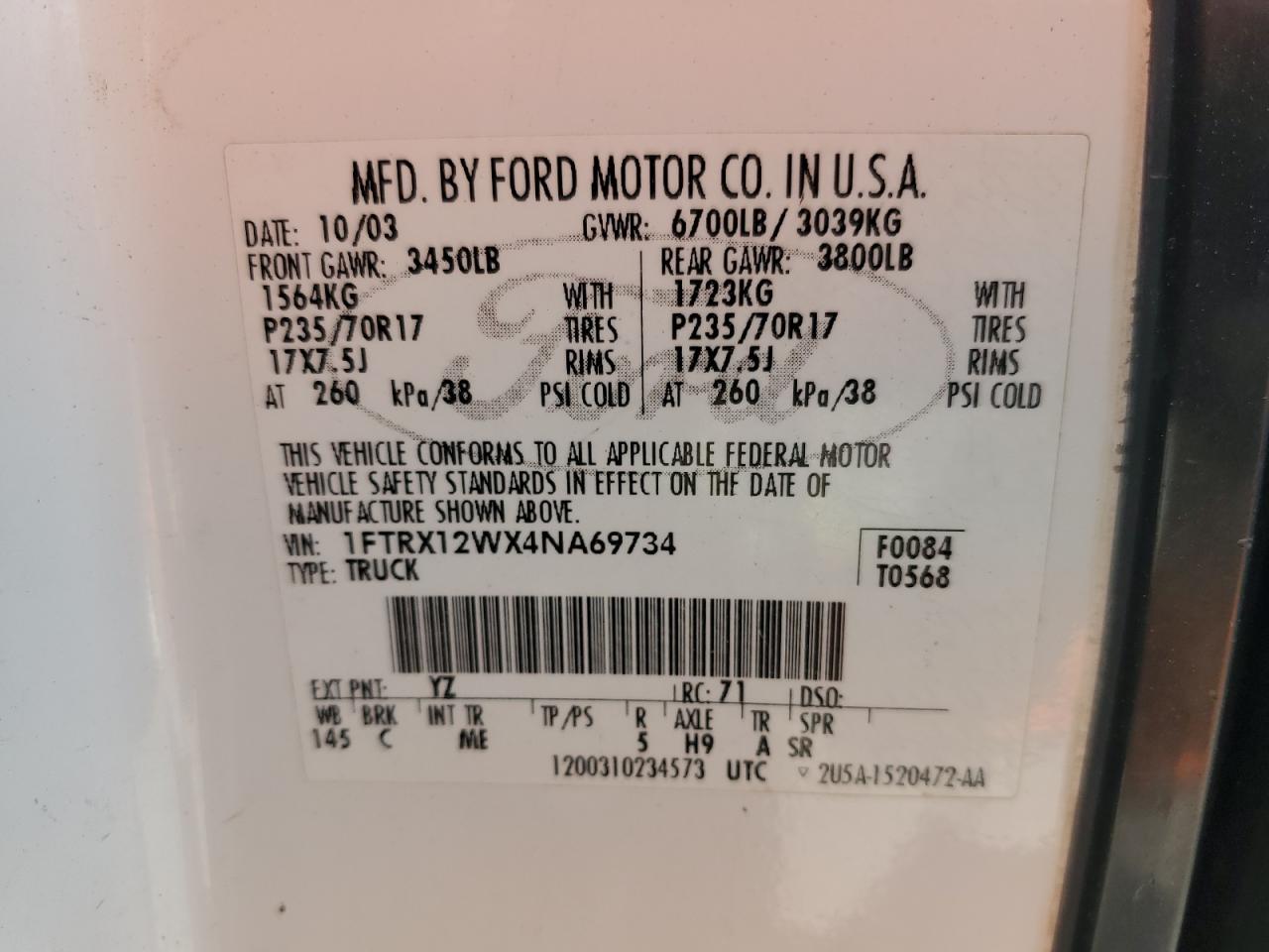 2004 Ford F150 VIN: 1FTRX12WX4NA69734 Lot: 62692495