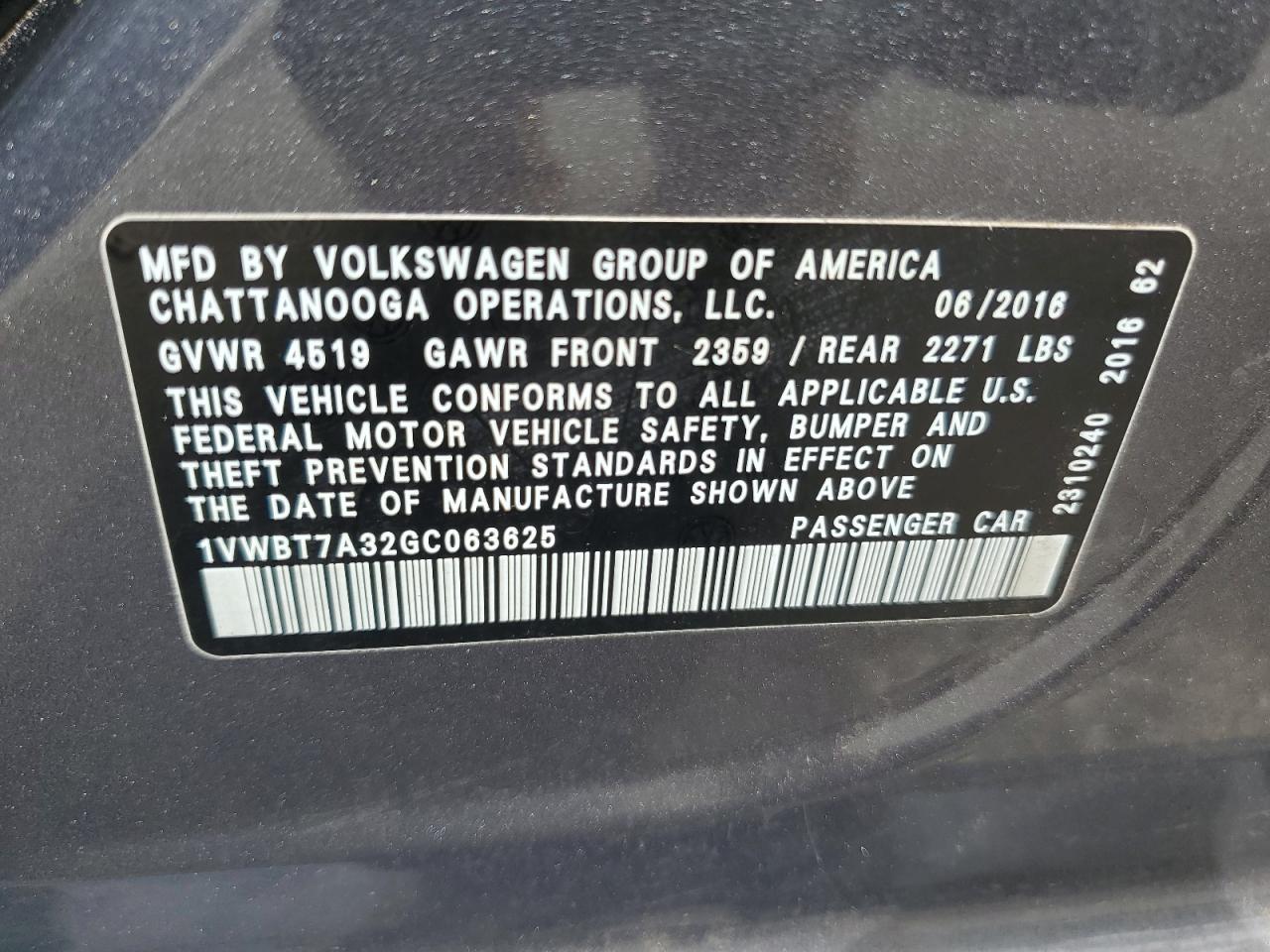 2016 Volkswagen Passat Se VIN: 1VWBT7A32GC063625 Lot: 64739095