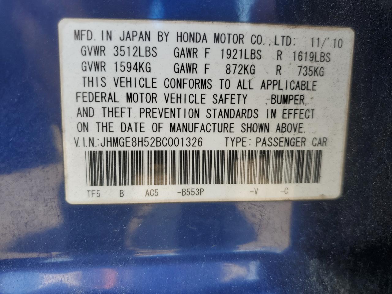 2011 Honda Fit Sport VIN: JHMGE8H52BC001326 Lot: 63042275