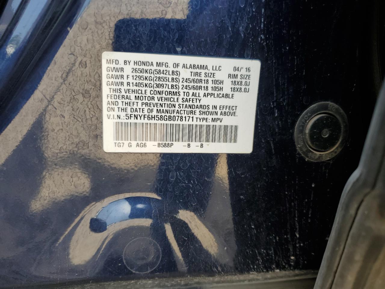 2016 Honda Pilot Exl VIN: 5FNYF6H58GB078171 Lot: 63675985