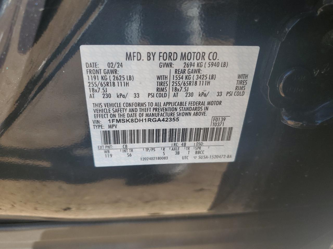 2024 Ford Explorer Xlt VIN: 1FMSK8DH1RGA42355 Lot: 63150345