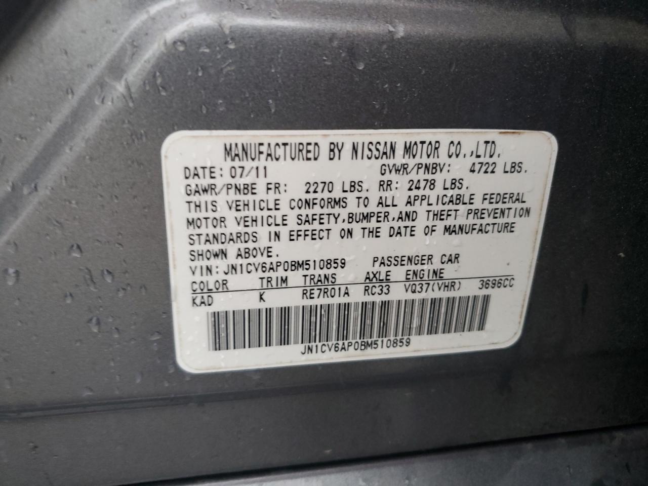 2011 Infiniti G37 Base VIN: JN1CV6AP0BM510859 Lot: 64991905