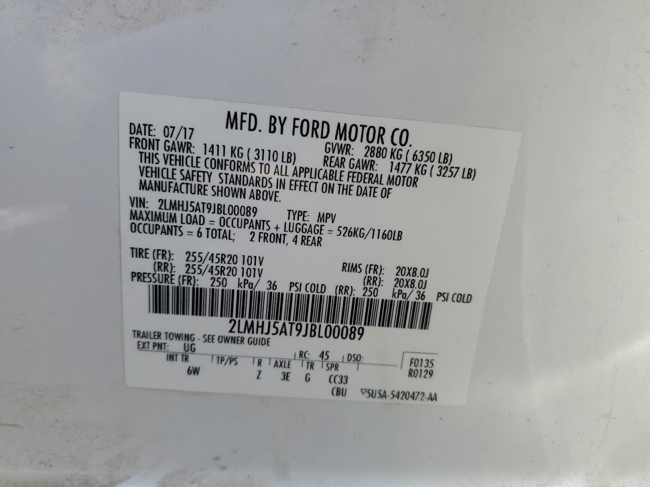 2018 Lincoln Mkt VIN: 2LMHJ5AT9JBL00089 Lot: 62914735