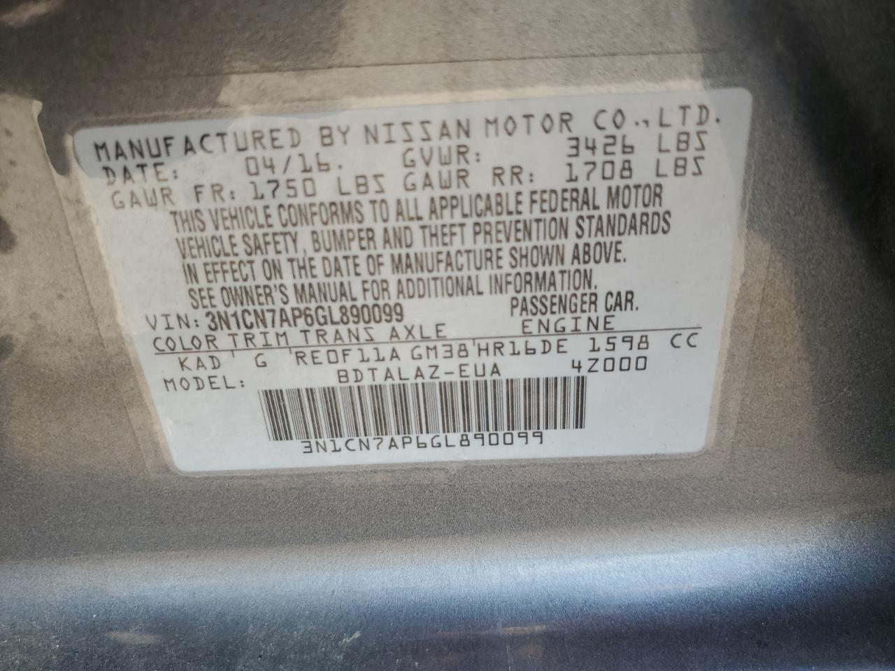 2016 Nissan Versa S VIN: 3N1CN7AP6GL890099 Lot: 66555195