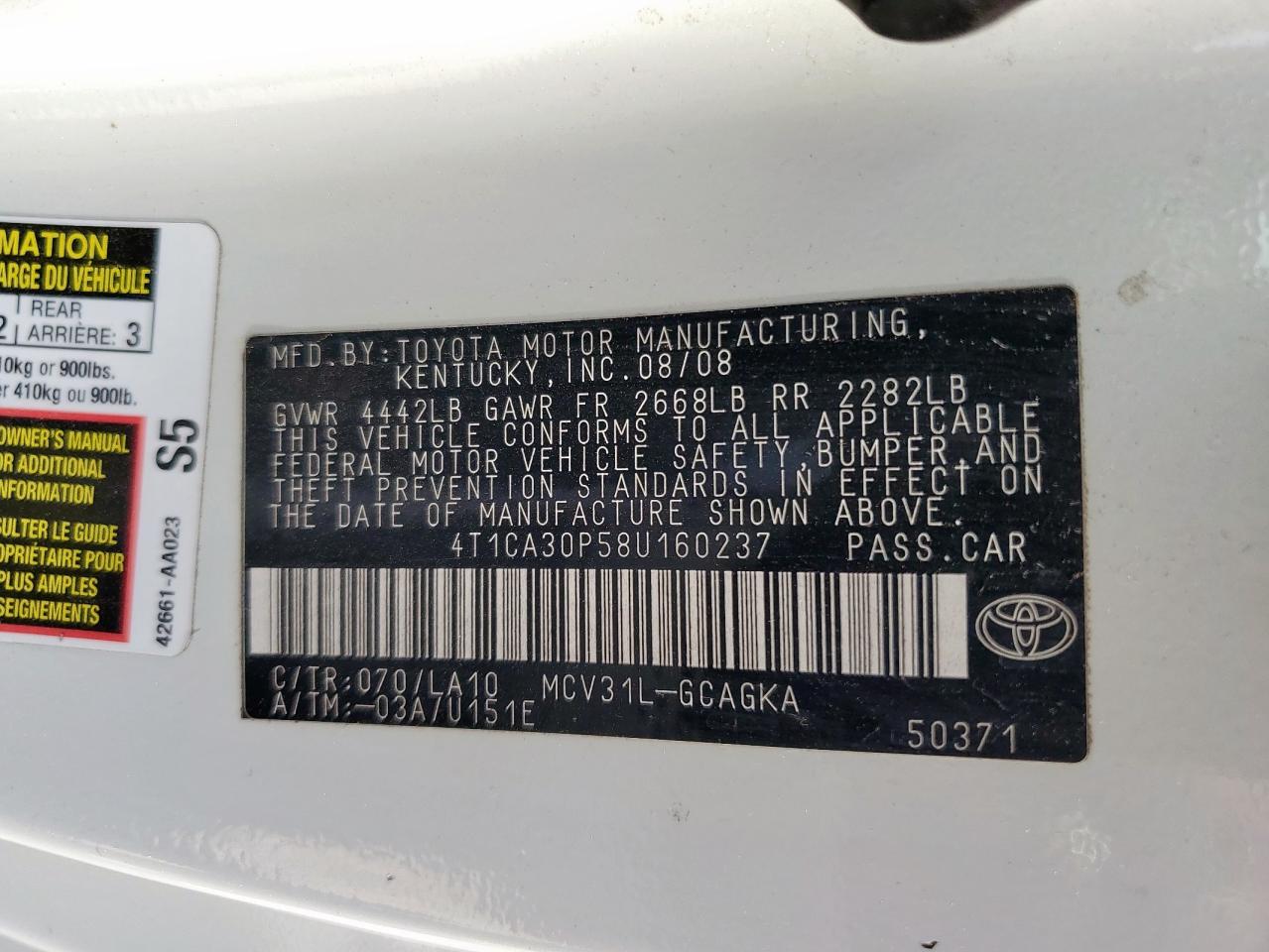 2008 Toyota Camry Solara Se VIN: 4T1CA30P58U160237 Lot: 64593815