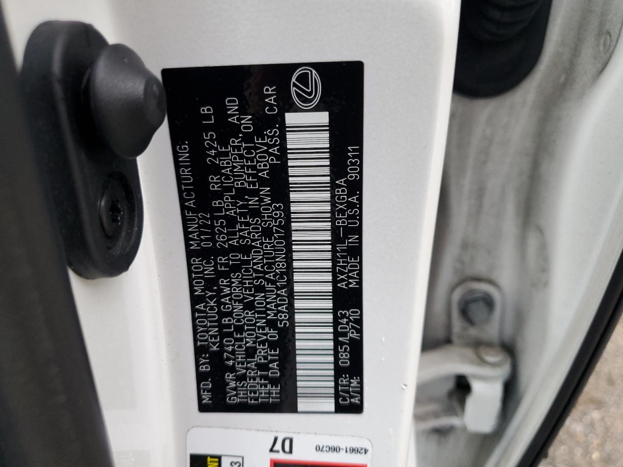 2022 Lexus Es 300H Base VIN: 58ADA1C18NU017593 Lot: 63129725