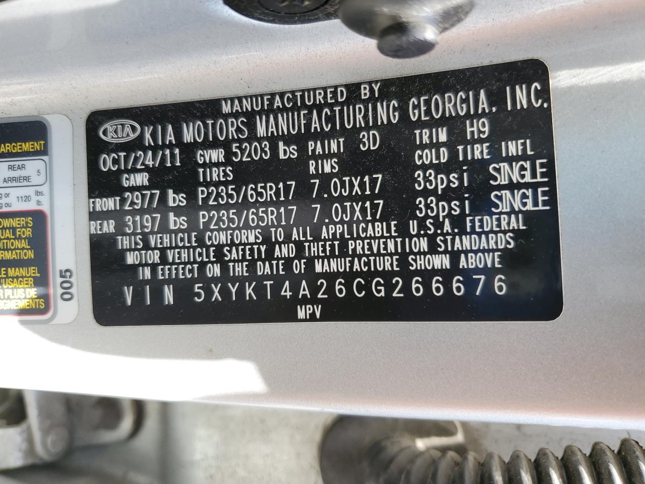 2012 Kia Sorento Base VIN: 5XYKT4A26CG266676 Lot: 65230165