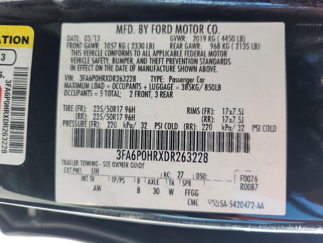 2013 Ford Fusion Se VIN: 3FA6P0HRXDR263228 Lot: 65512045
