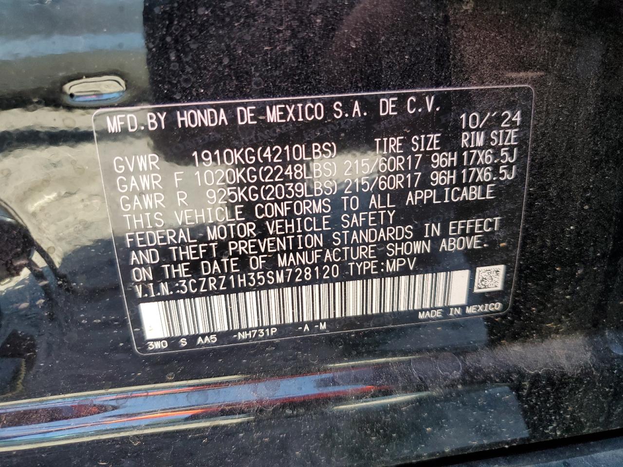 2025 Honda Hr-V Lx VIN: 3CZRZ1H35SM728120 Lot: 65048435
