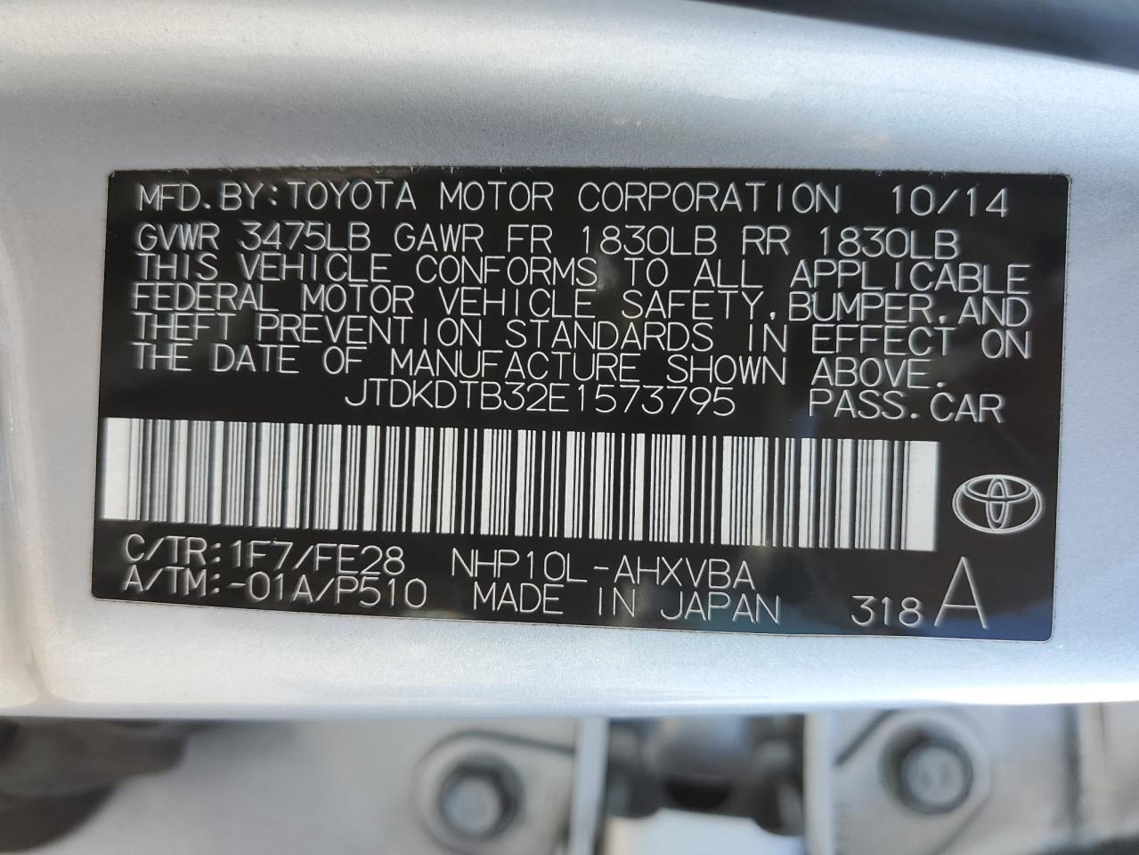2014 Toyota Prius C VIN: JTDKDTB32E1573795 Lot: 63655625