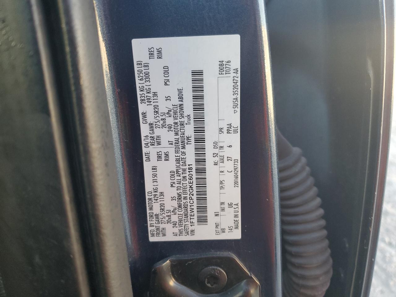 2016 Ford F150 Supercrew VIN: 1FTEW1CP2GKE60181 Lot: 63390145