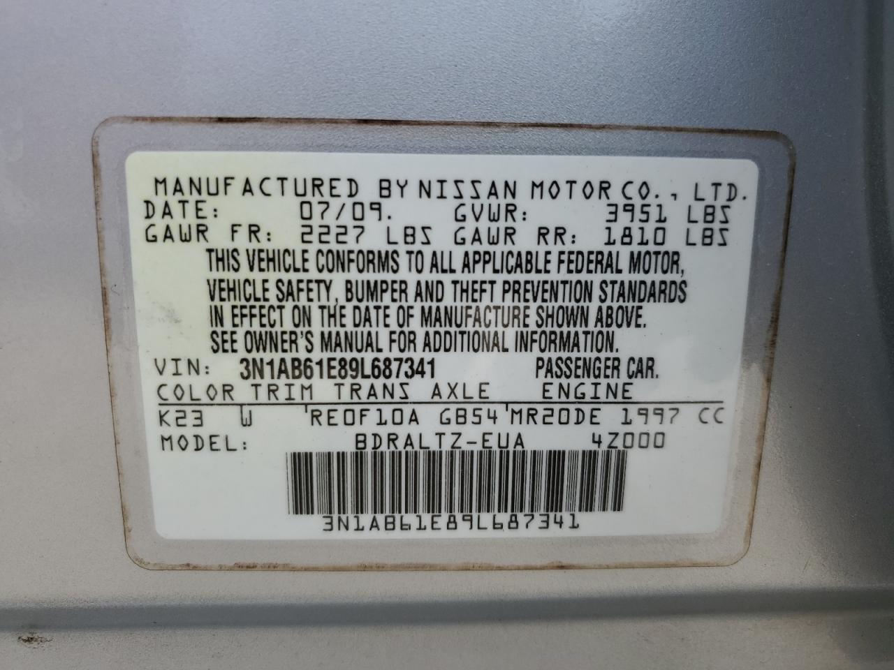 2009 Nissan Sentra 2.0 VIN: 3N1AB61E89L687341 Lot: 63233975