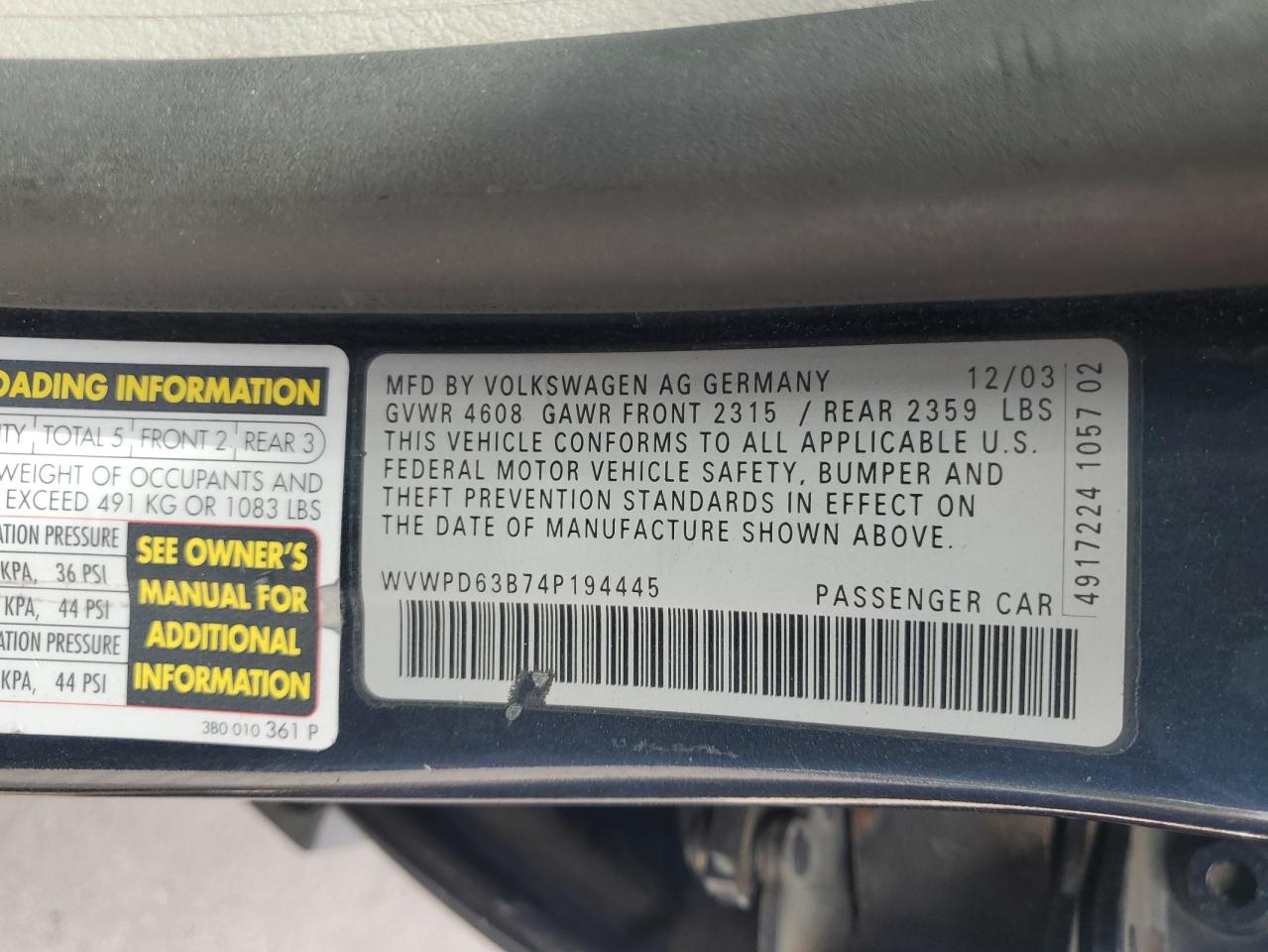 2004 Volkswagen Passat Gls VIN: WVWPD63B74P194445 Lot: 63280145