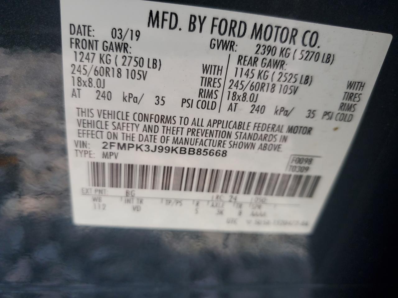 2019 Ford Edge Sel VIN: 2FMPK3J99KBB85668 Lot: 64716445