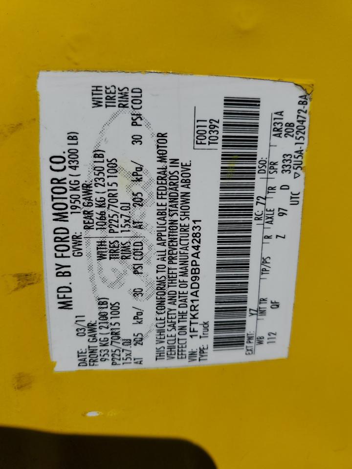 2011 Ford Ranger VIN: 1FTKR1AD9BPA42831 Lot: 65296165