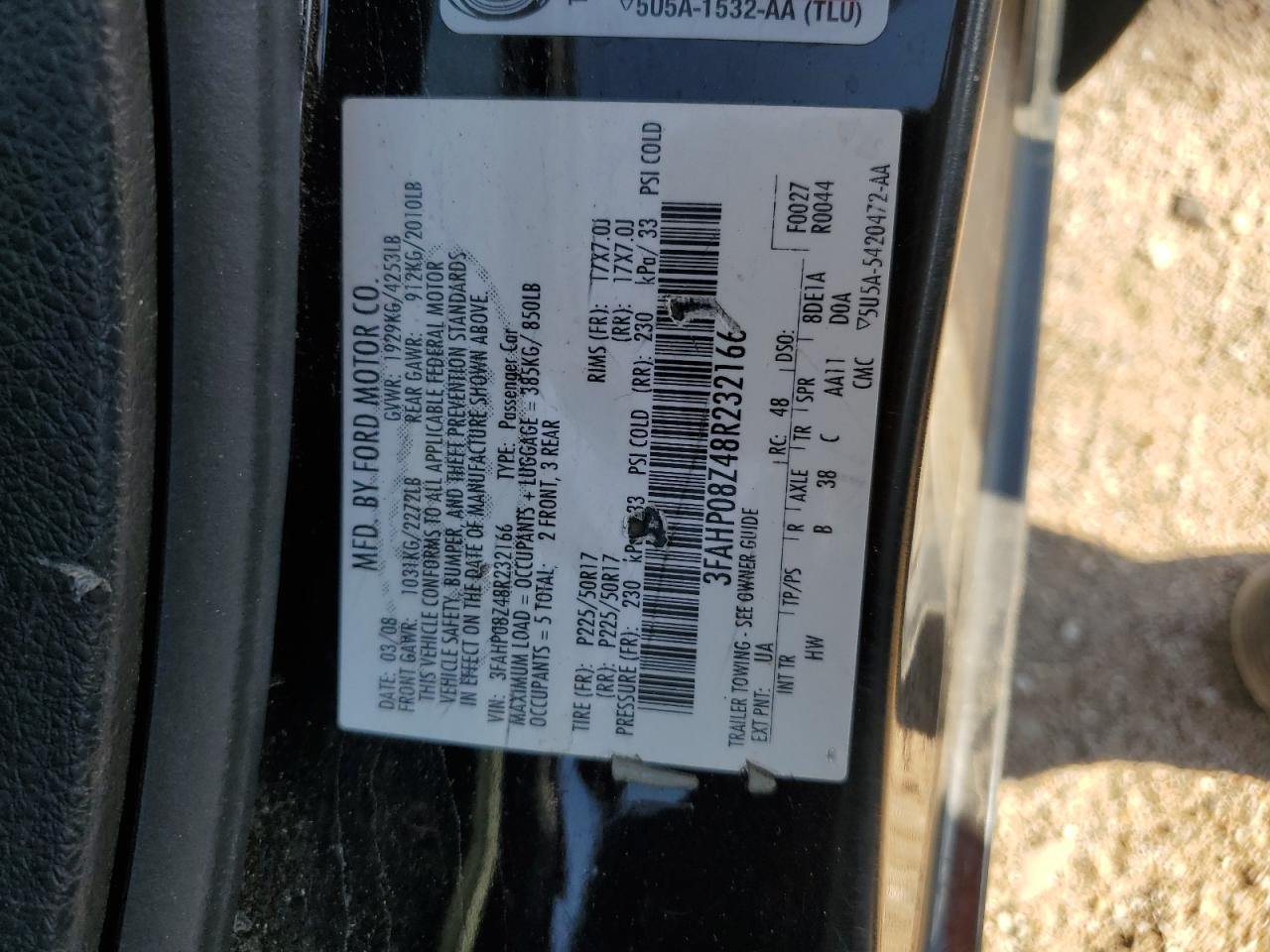 2008 Ford Fusion Sel VIN: 3FAHP08Z48R232166 Lot: 64491565