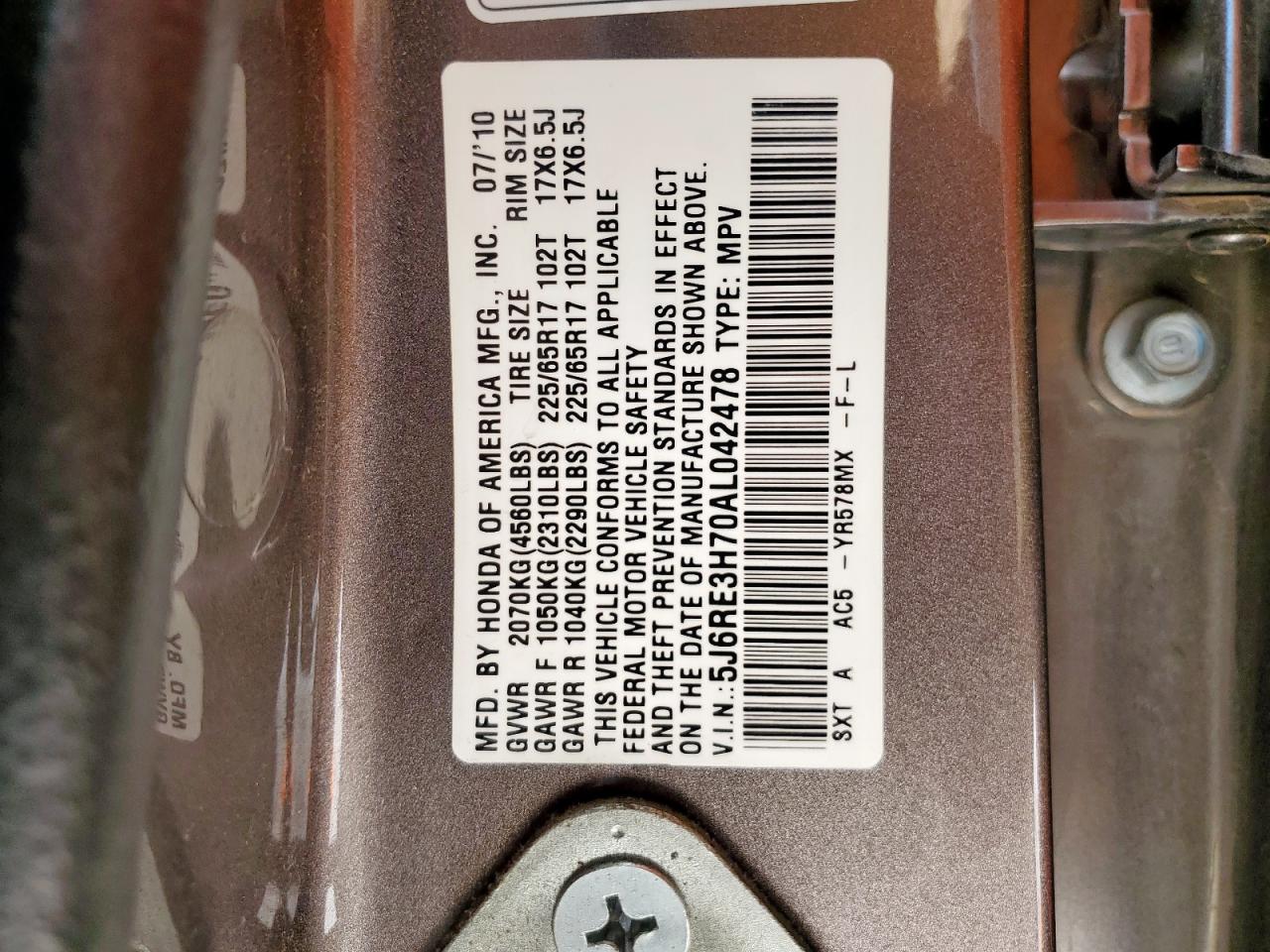 2010 Honda Cr-V Exl VIN: 5J6RE3H70AL042478 Lot: 64596335