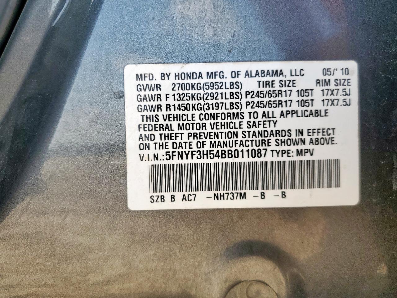2011 Honda Pilot Exl VIN: 5FNYF3H54BB011087 Lot: 65082025