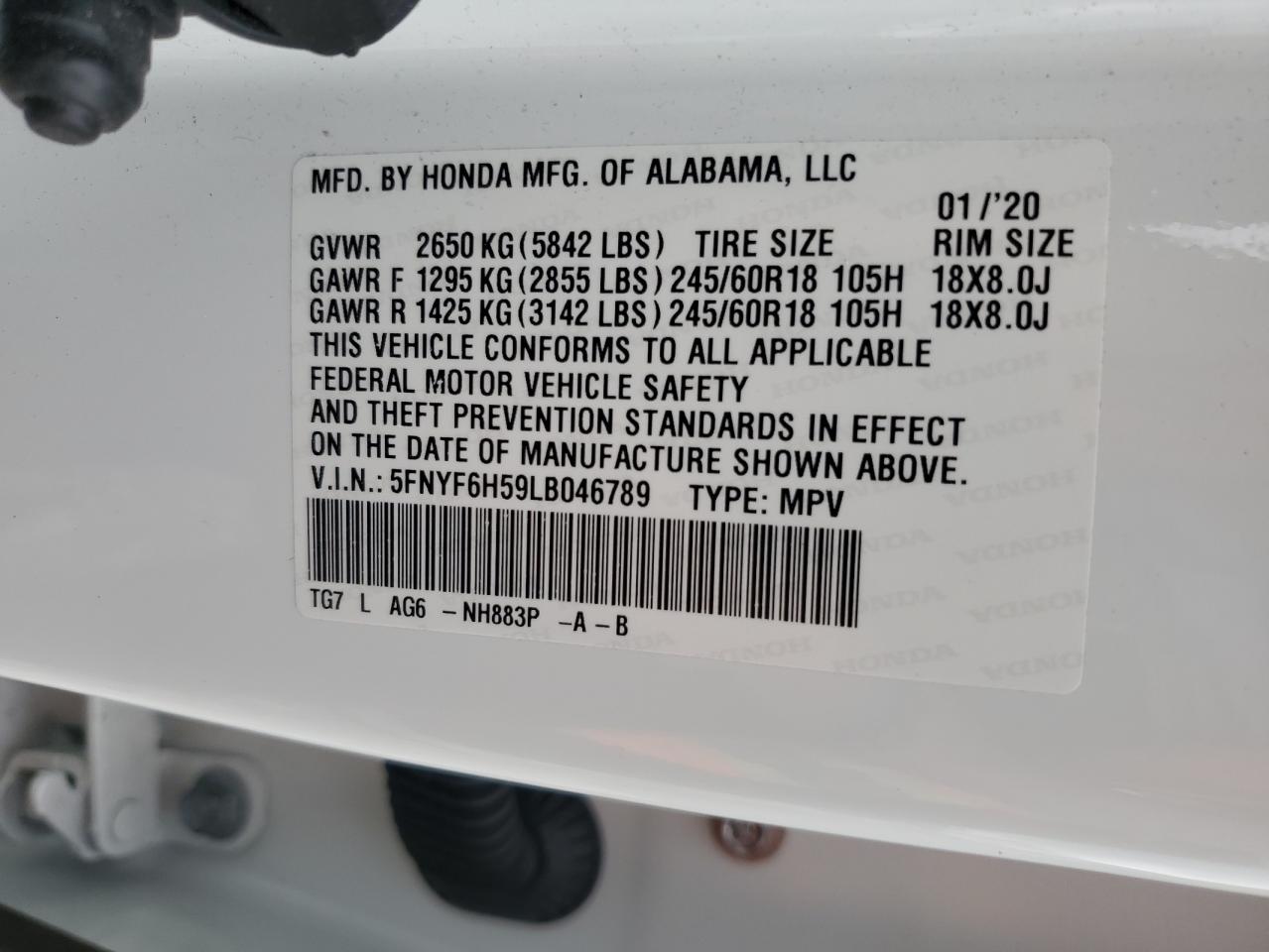 2020 Honda Pilot Exl VIN: 5FNYF6H59LB046789 Lot: 63824245