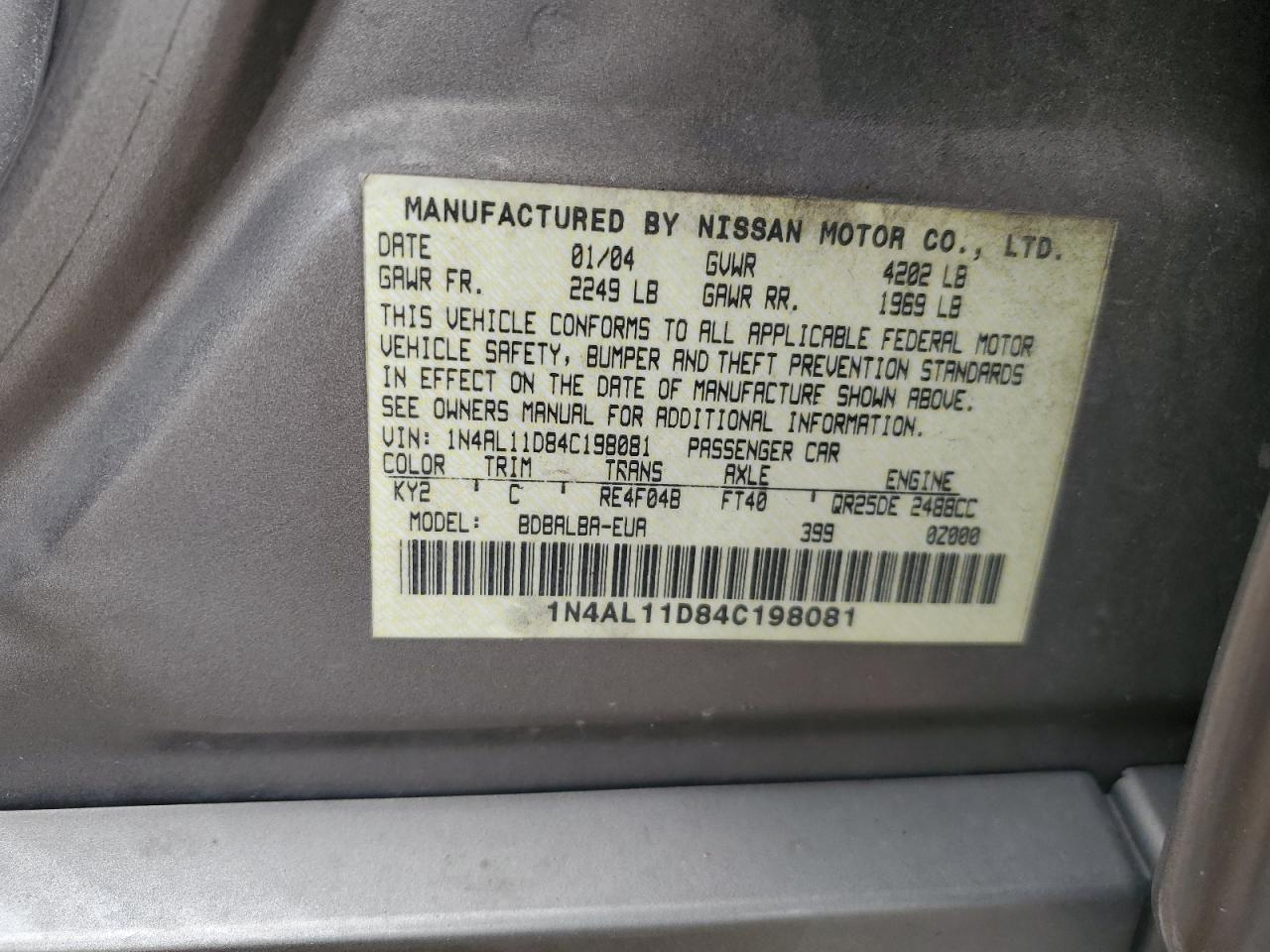 2004 Nissan Altima Base VIN: 1N4AL11D84C198081 Lot: 64030815