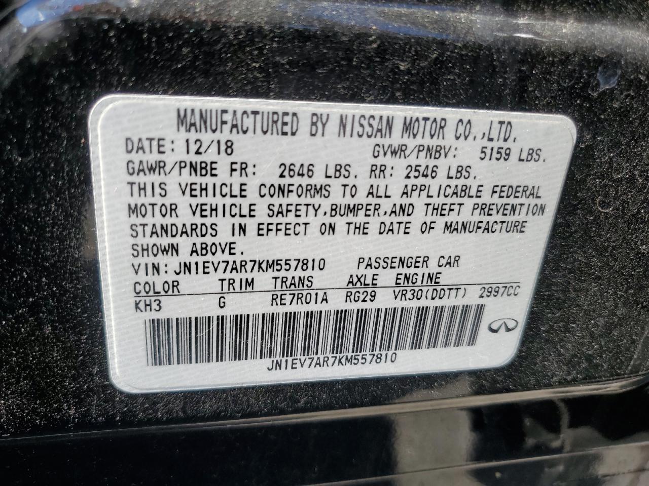 2019 Infiniti Q50 Luxe VIN: JN1EV7AR7KM557810 Lot: 64516105