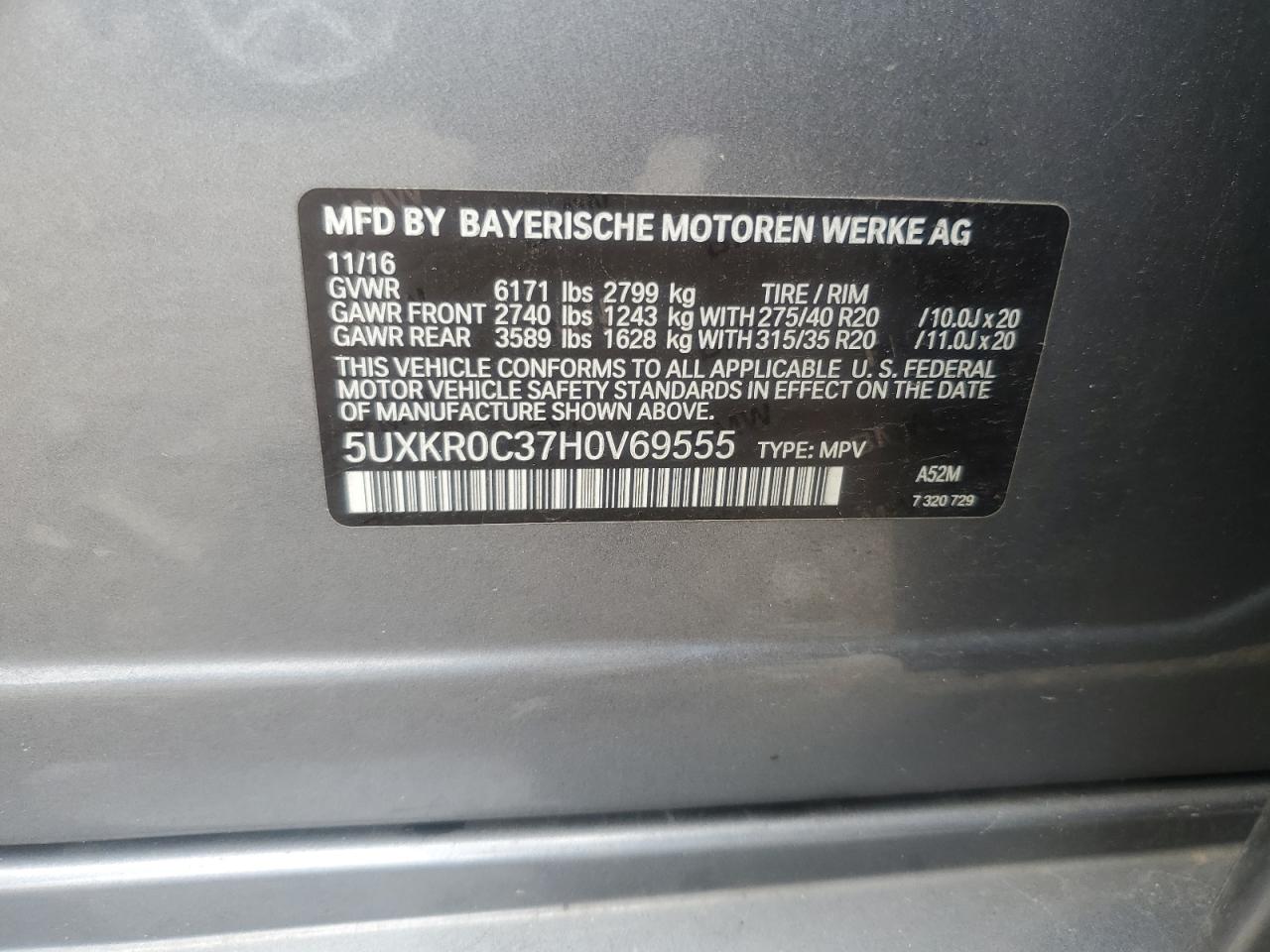 2017 BMW X5 xDrive35I VIN: 5UXKR0C37H0V69555 Lot: 64997005