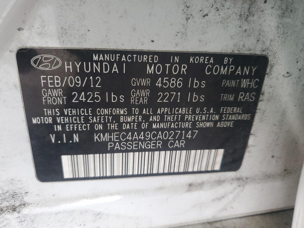 2012 Hyundai Sonata Hybrid VIN: KMHEC4A49CA027147 Lot: 65425435