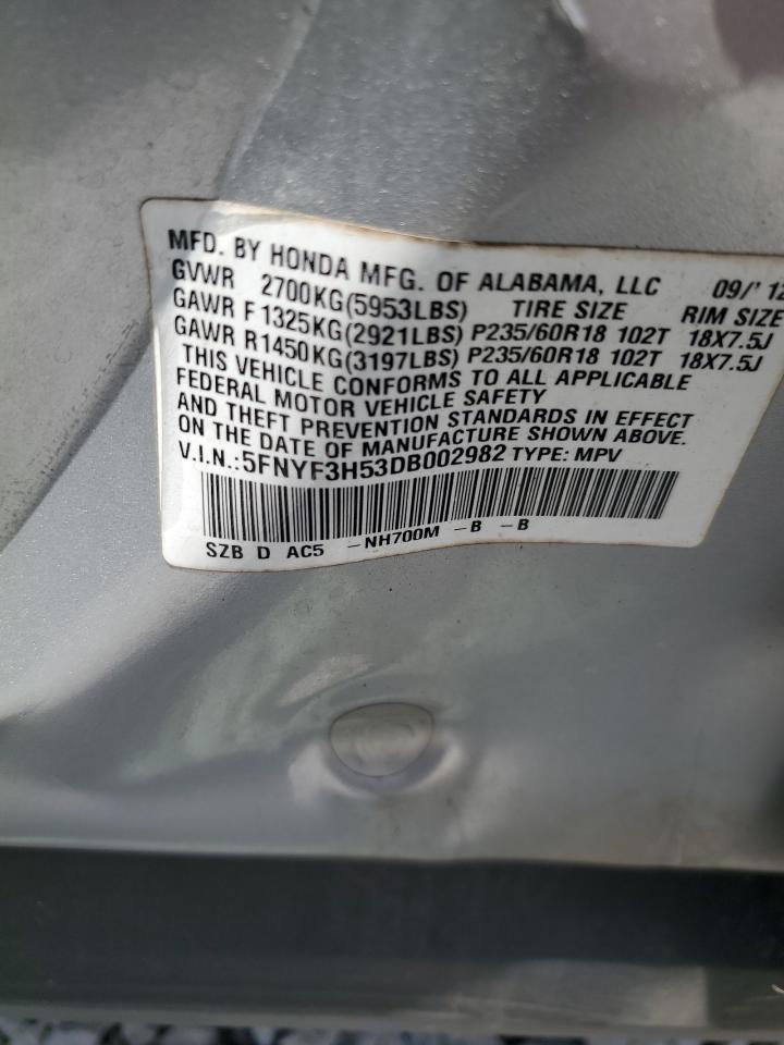 2013 Honda Pilot Exl VIN: 5FNYF3H53DB002982 Lot: 64606925