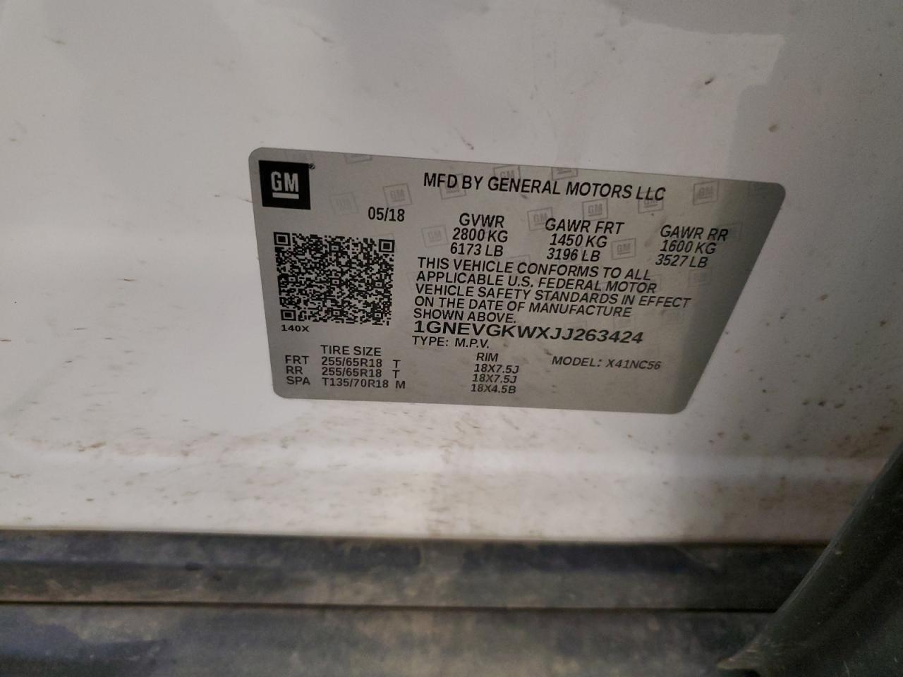 2018 Chevrolet Traverse Lt VIN: 1GNEVGKWXJJ263424 Lot: 66860415