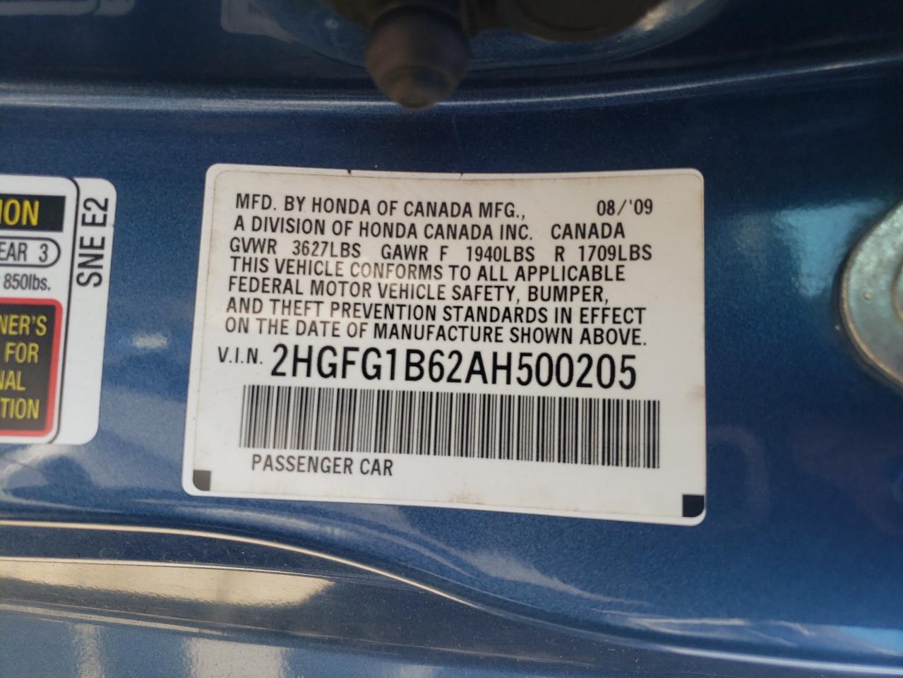 2010 Honda Civic Lx VIN: 2HGFG1B62AH500205 Lot: 64736525