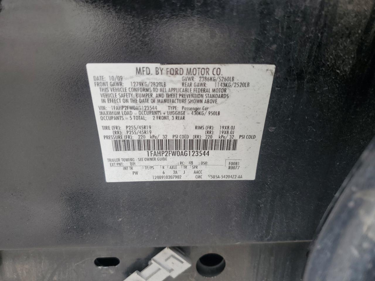 2010 Ford Taurus Limited VIN: 1FAHP2FW0AG123544 Lot: 65245455