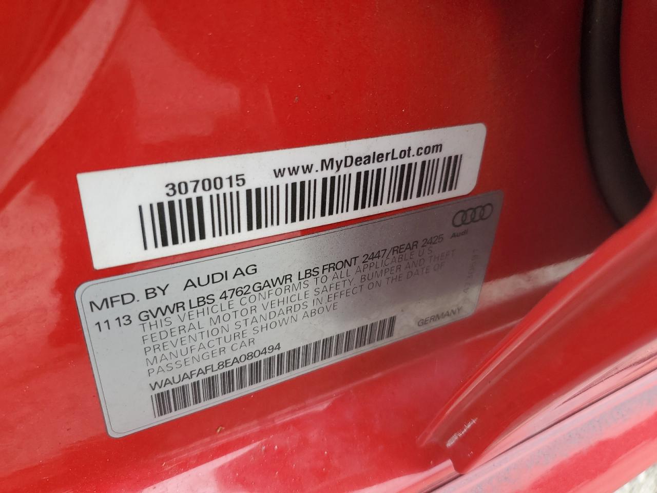 2014 Audi A4 Premium VIN: WAUAFAFL8EA080494 Lot: 66857025