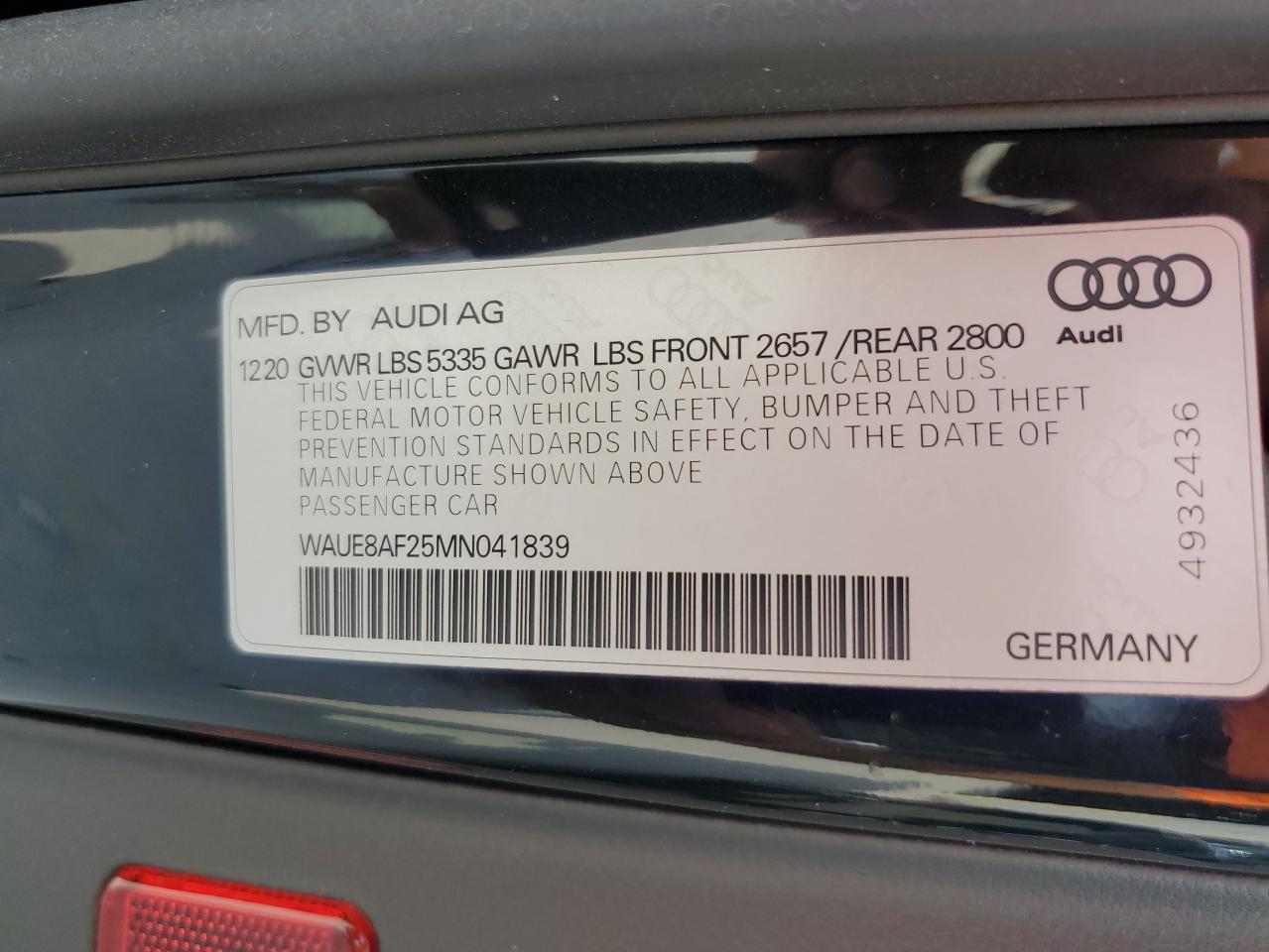2021 Audi A6 Premium Plus VIN: WAUE8AF25MN041839 Lot: 66416715