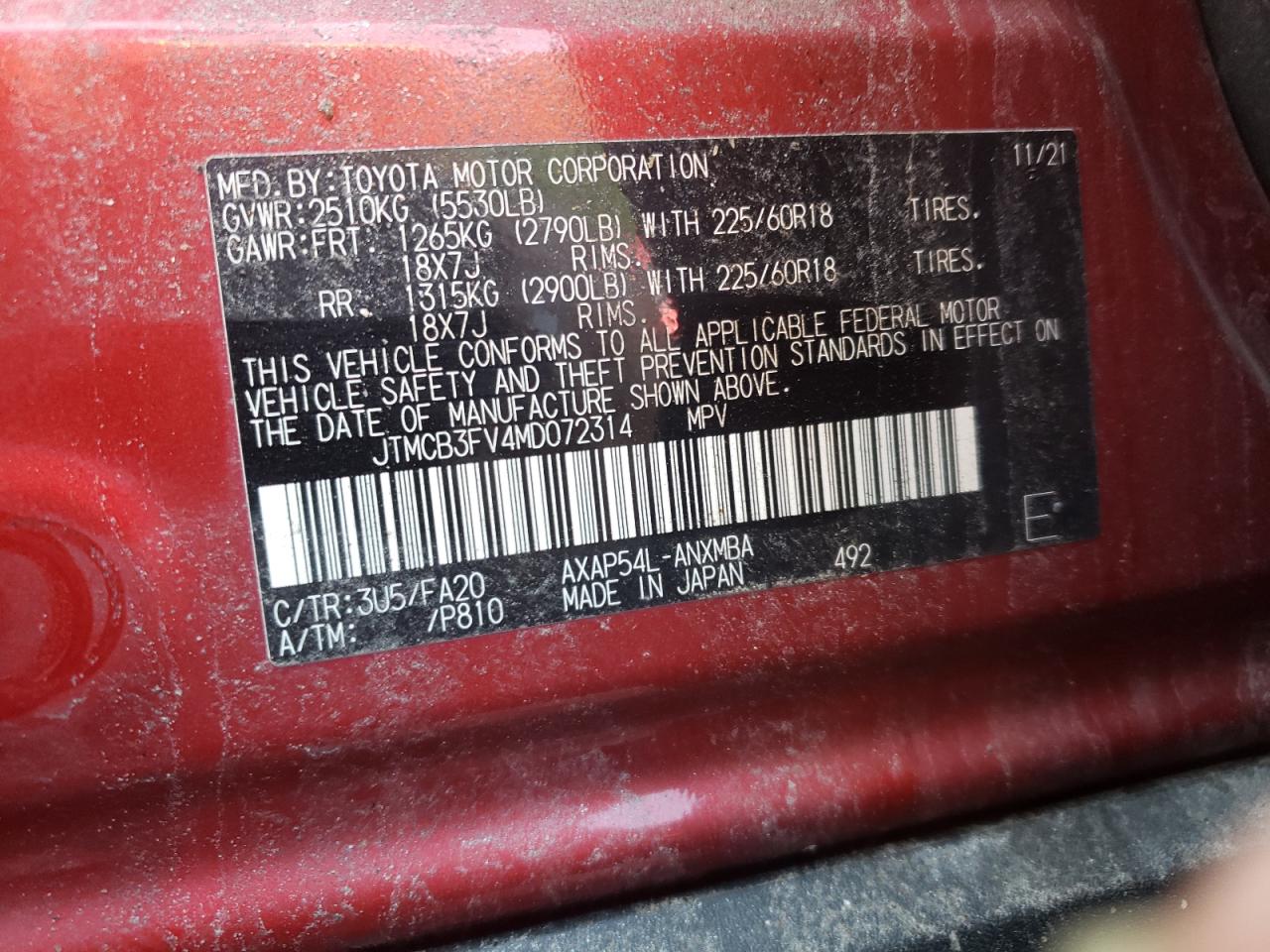 2021 Toyota Rav4 Prime Se VIN: JTMCB3FV4MD072314 Lot: 66602945