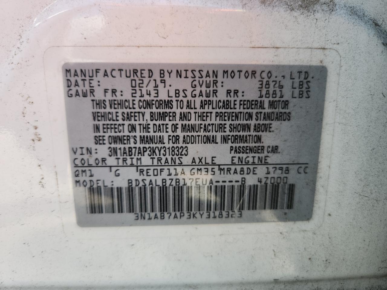 2019 Nissan Sentra S VIN: 3N1AB7AP3KY318323 Lot: 65212575