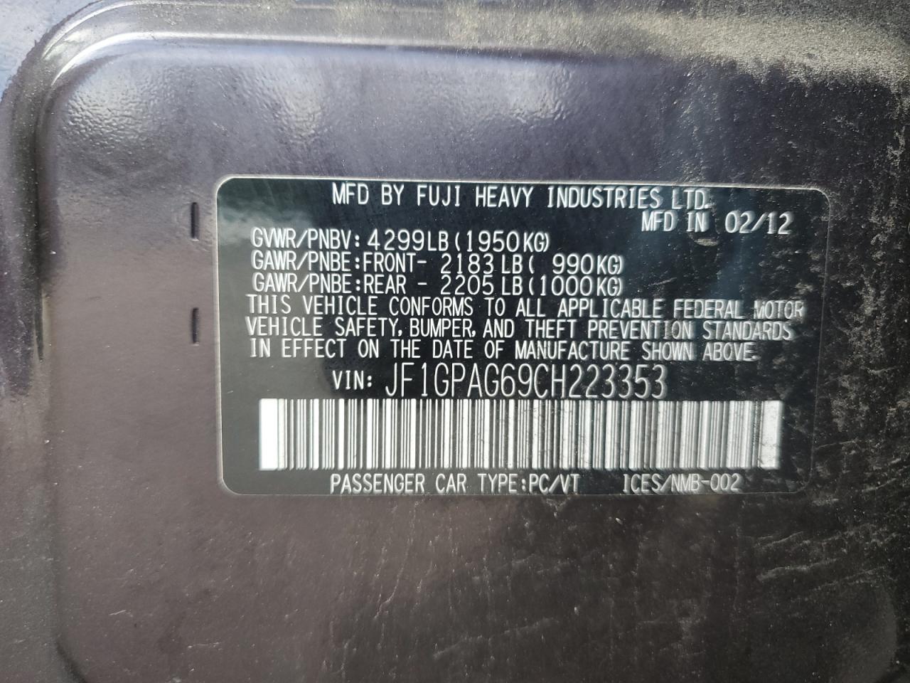 2012 Subaru Impreza Limited VIN: JF1GPAG69CH223353 Lot: 63650905