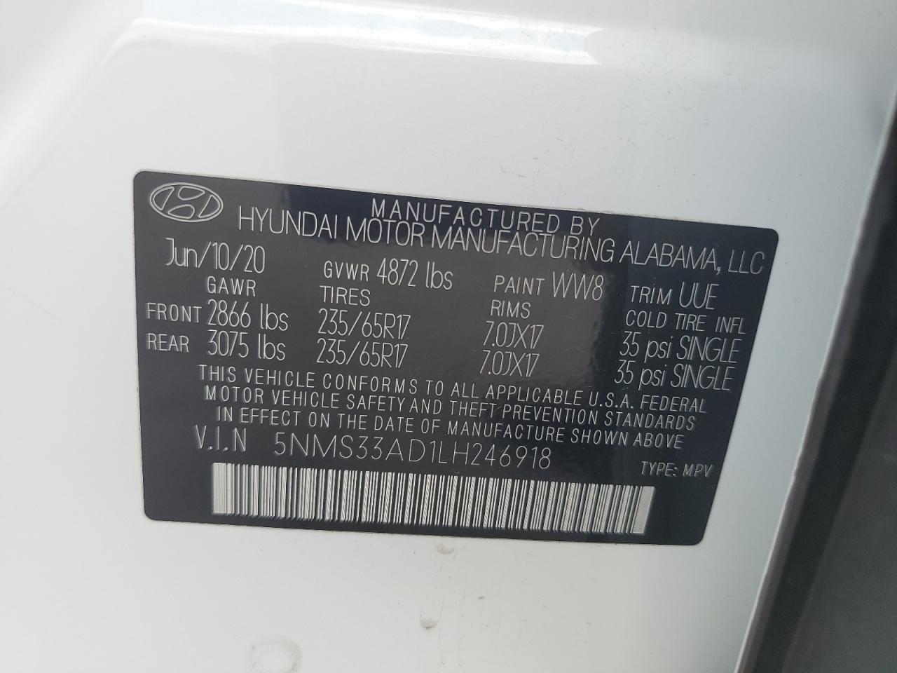 2020 Hyundai Santa Fe Sel VIN: 5NMS33AD1LH246918 Lot: 63525105