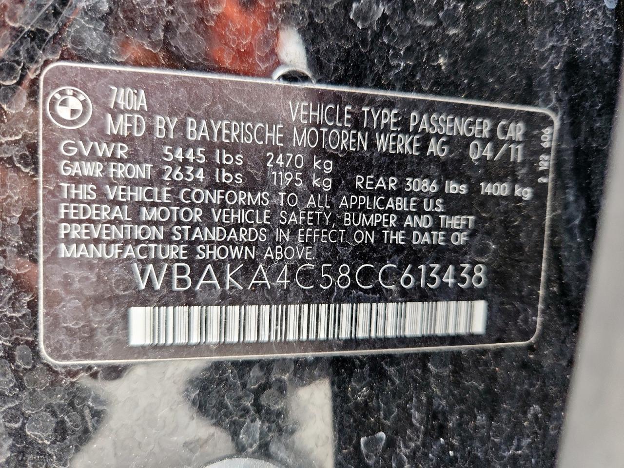 2012 BMW 740 I VIN: WBAKA4C58CC613438 Lot: 62981575