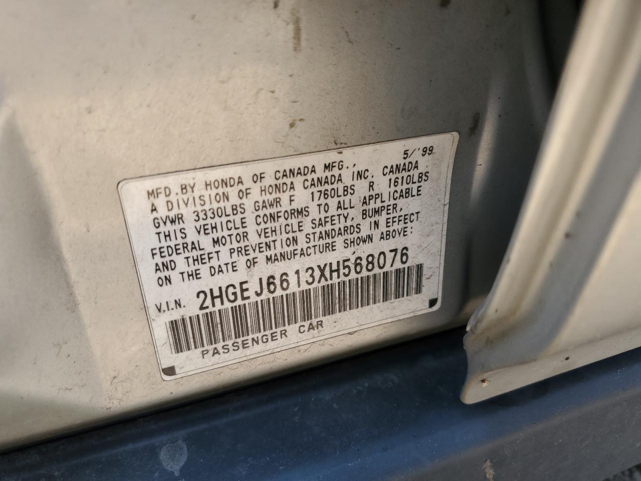 1999 Honda Civic Base VIN: 2HGEJ6613XH568076 Lot: 64432315