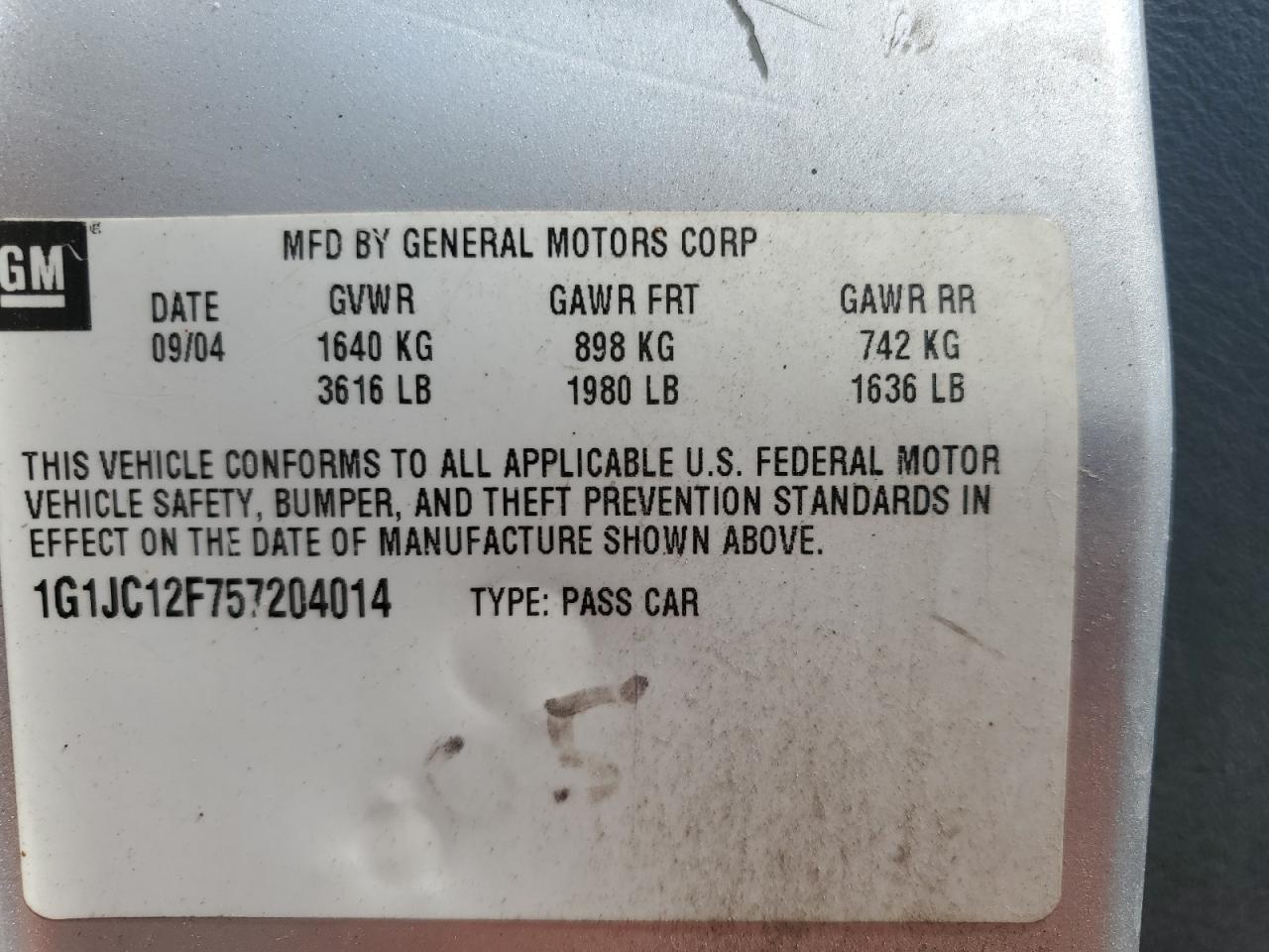 1g1jc12f757204014 1G1JC12F757204014 2005 Chevrolet Cavalier