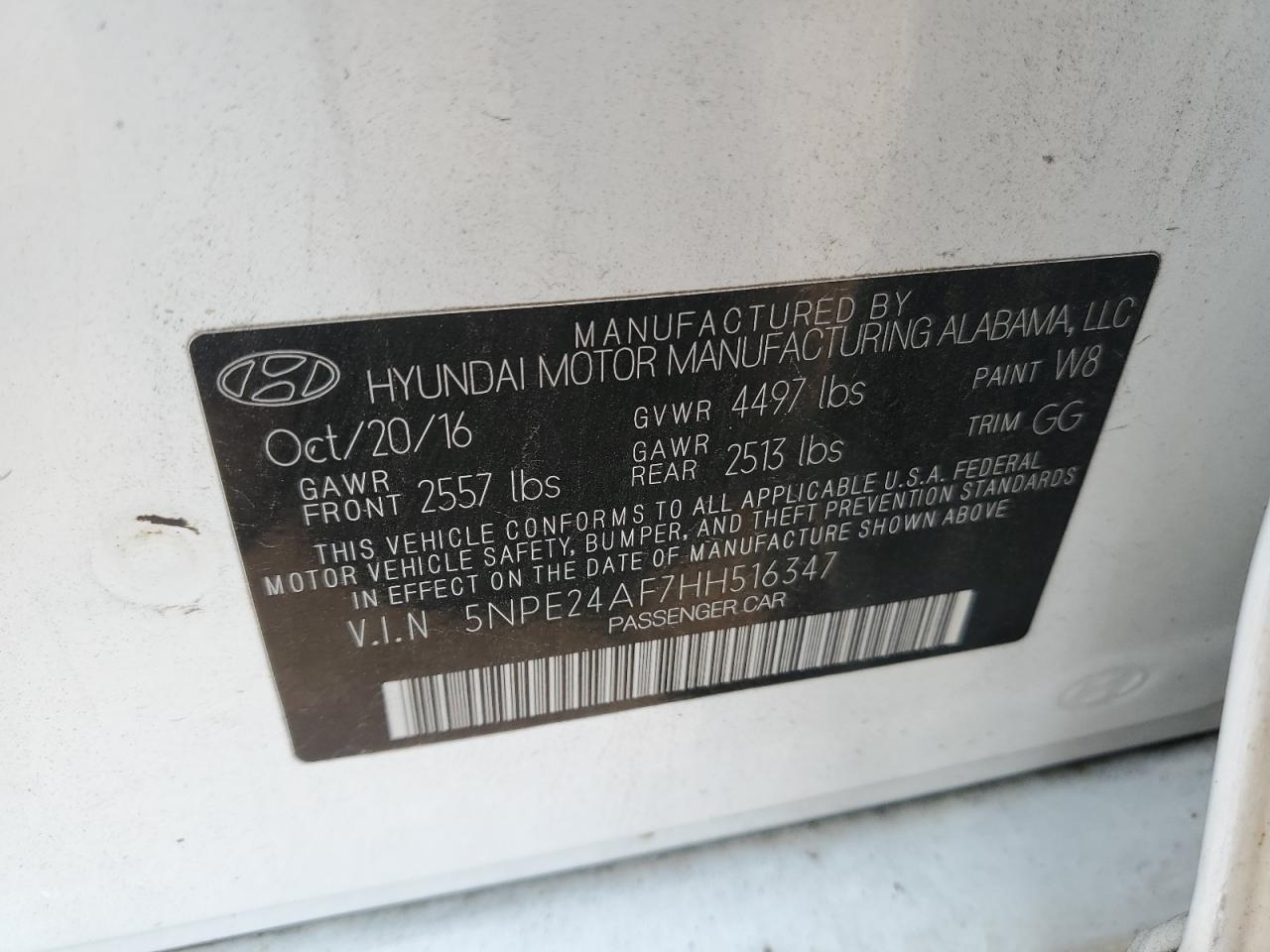2017 Hyundai Sonata Se VIN: 5NPE24AF7HH516347 Lot: 65187915